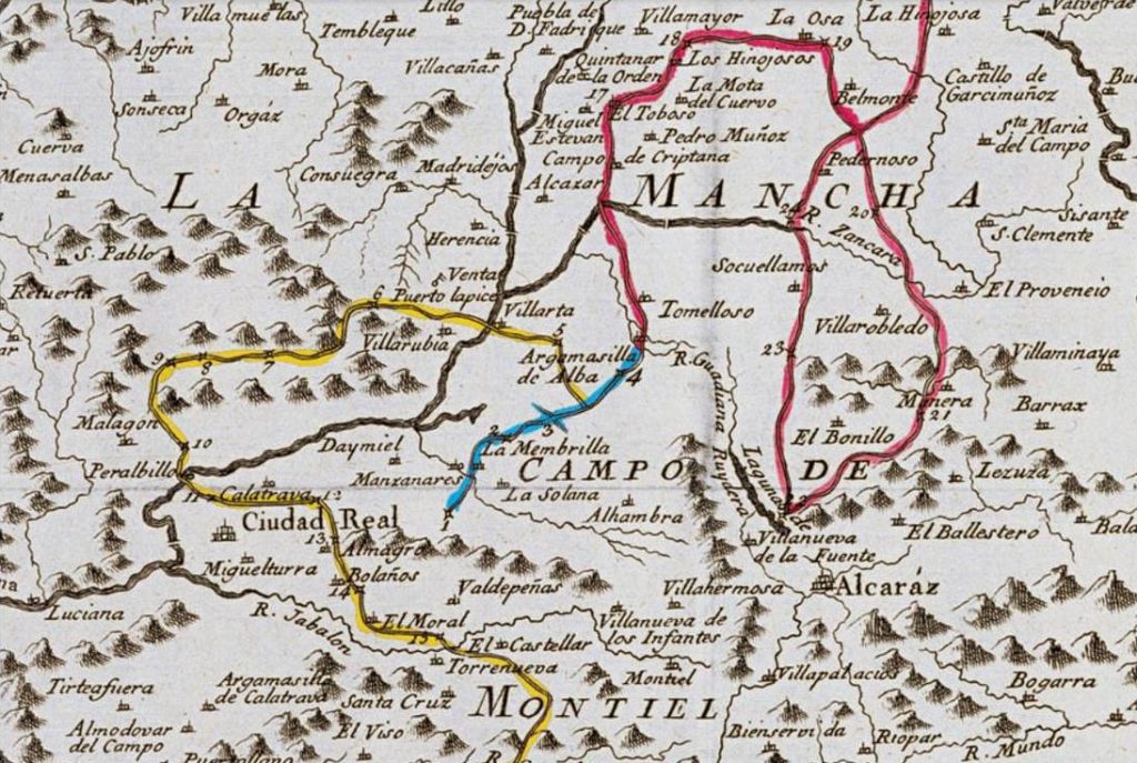 Detalle del mapa de la primera segunda y tercera salida de Don Quijote por La Mancha de Tomas Lopez de 1780
